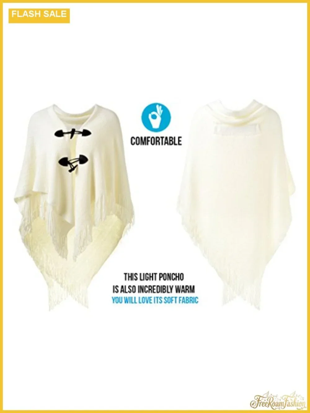 Acrylic Poncho Cape Shawl Wrap with Horn Buttons and Fringe